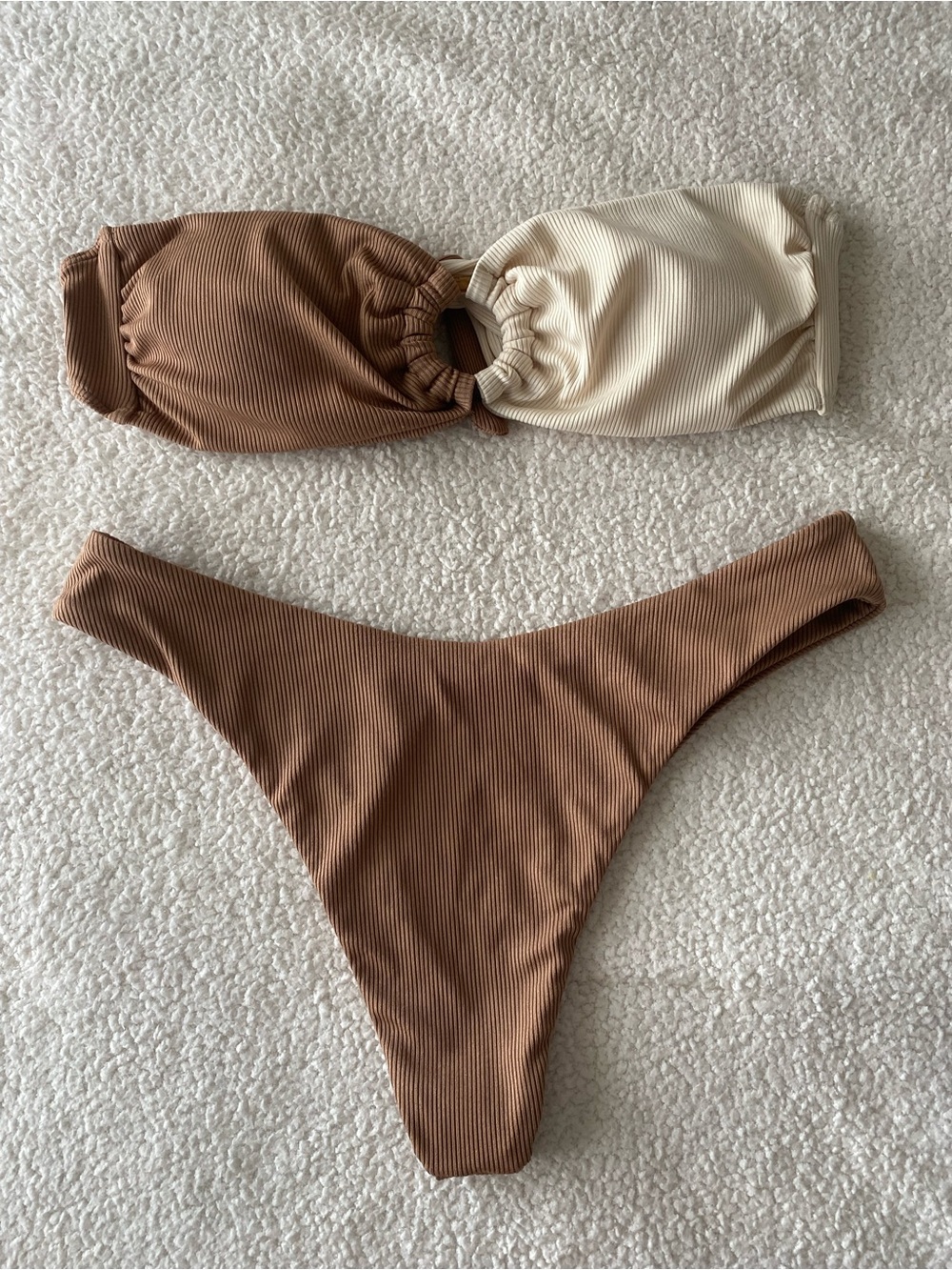 NWOT Zaful Ribbed Color Block Bandeau Bikini Set Neutral Tan Cream Size M